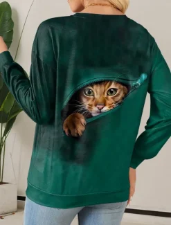 Outlet Women's Quarter Zipper Sweater Cat Street Dailywear Print Casual Crew Neck Long Sleeve Micro-elastic Fall Winter Comfrt Breathable Soft Fabric Women Hoodies & Sweatshirts