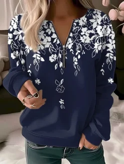 Hot Women's Quarter Zipper Sweater Pullover Floral Butterfly Casual Sports Quarter Denim Blue White Navy Blue Elegant Vintage Fashion Half Long Sleeve Top Comfrt Breathable Soft Fabric Women Hoodies & Sweatshirts