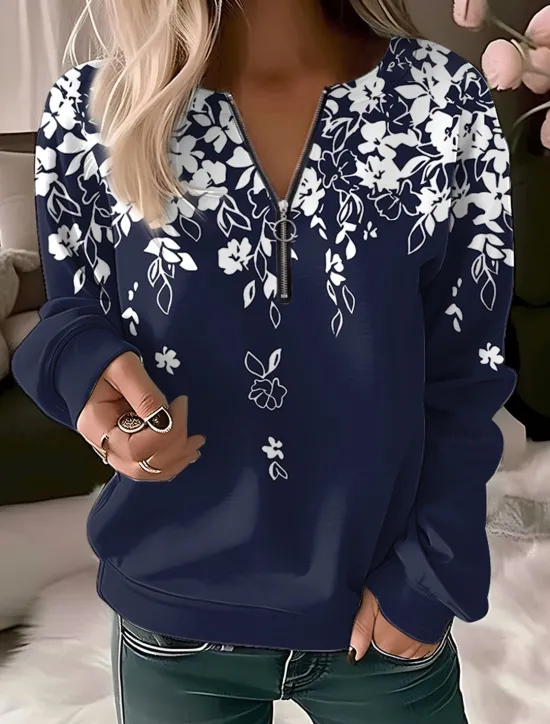 Hot Women's Quarter Zipper Sweater Pullover Floral Butterfly Casual Sports Quarter Denim Blue White Navy Blue Elegant Vintage Fashion Half Long Sleeve Top Comfrt Breathable Soft Fabric Women Hoodies & Sweatshirts