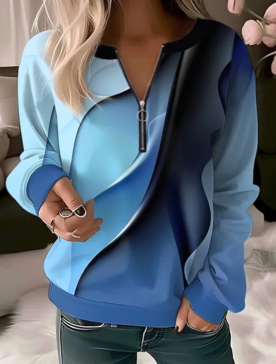 Hot Women's Quarter Zipper Sweater Pullover Floral Butterfly Casual Sports Quarter Denim Blue White Navy Blue Elegant Vintage Fashion Half Long Sleeve Top Comfrt Breathable Soft Fabric Women Hoodies & Sweatshirts