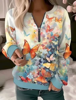 Hot Women's Quarter Zipper Sweater Pullover Floral Butterfly Casual Sports Quarter Denim Blue White Navy Blue Elegant Vintage Fashion Half Long Sleeve Top Comfrt Breathable Soft Fabric Women Hoodies & Sweatshirts