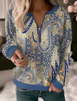 Hot Women's Quarter Zipper Sweater Pullover Floral Butterfly Casual Sports Quarter Denim Blue White Navy Blue Elegant Vintage Fashion Half Long Sleeve Top Comfrt Breathable Soft Fabric Women Hoodies & Sweatshirts