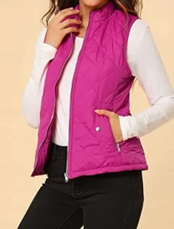 New Women's Quilted Vest Crop Sleeveless Winter Coat Lightweight Puffer Gilet Warm Windproof Outerwear with Pockets Zip up Fall Street Casual Jacket Light Blue claret Sea Blue Women Puffers & Parka