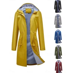 Best Women's Raincoat Waterproof Rain Jacket Mid-Length Windproof Trench Coat Sport Outdoor Hiking Hooded Jacket with Pockets Casual Jacket Long Sleeve Drawstring Winter Coat Warm Black Yellow Women Jackets