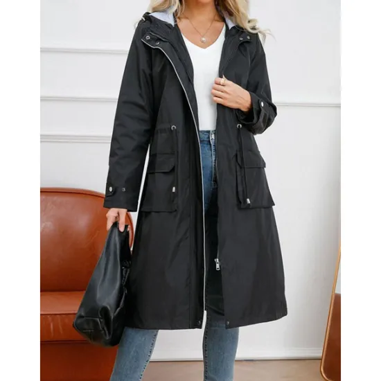 Best Women's Raincoat Waterproof Rain Jacket Mid-Length Windproof Trench Coat Sport Outdoor Hiking Hooded Jacket with Pockets Casual Jacket Long Sleeve Drawstring Winter Coat Warm Black Yellow Women Jackets