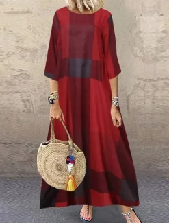New Women's Red Khaki Dark Blue Summer Spring Maxi Dress Linen-Inspired Dresses Casual Dress Fashion Casual Outdoor Daily Going out Loose Fit Plaid Crew Neck Boat Neck Women Dresses