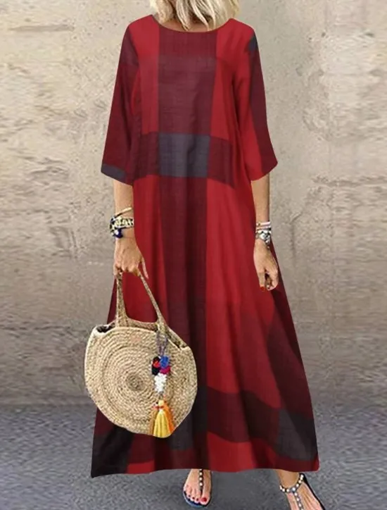 New Women's Red Khaki Dark Blue Summer Spring Maxi Dress Linen-Inspired Dresses Casual Dress Fashion Casual Outdoor Daily Going out Loose Fit Plaid Crew Neck Boat Neck Women Dresses