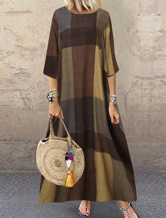 New Women's Red Khaki Dark Blue Summer Spring Maxi Dress Linen-Inspired Dresses Casual Dress Fashion Casual Outdoor Daily Going out Loose Fit Plaid Crew Neck Boat Neck Women Dresses