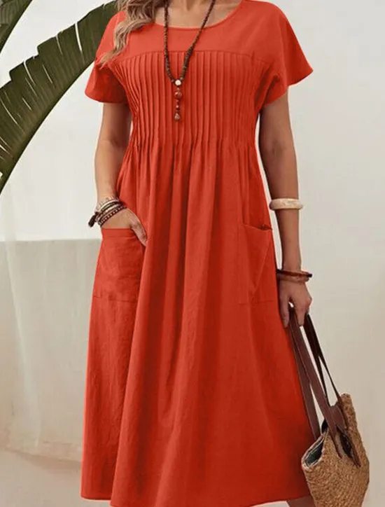 Sale Women's Red Navy Blue Green Summer Spring Midi Dress Linen-Inspired Dresses Casual Dress Cotton Linen Dress Vacation Basic Modern Daily Weekend Loose Fit Plain Crew Neck Women Dresses