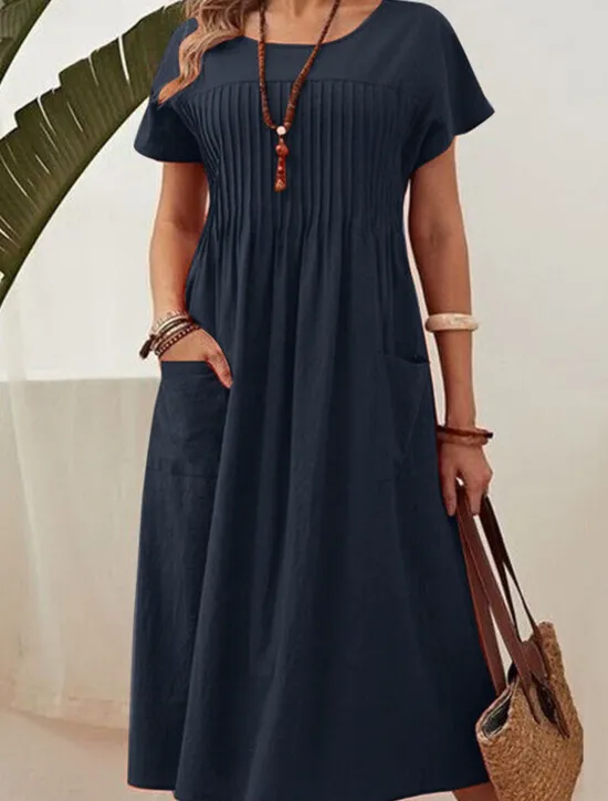 Sale Women's Red Navy Blue Green Summer Spring Midi Dress Linen-Inspired Dresses Casual Dress Cotton Linen Dress Vacation Basic Modern Daily Weekend Loose Fit Plain Crew Neck Women Dresses