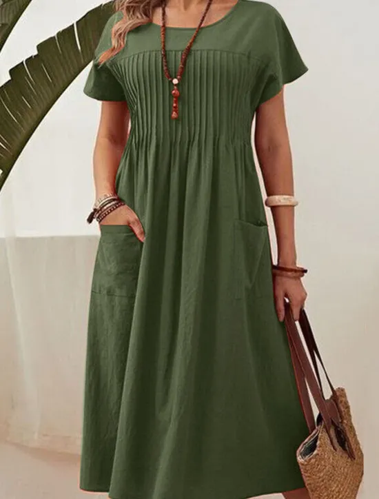 Sale Women's Red Navy Blue Green Summer Spring Midi Dress Linen-Inspired Dresses Casual Dress Cotton Linen Dress Vacation Basic Modern Daily Weekend Loose Fit Plain Crew Neck Women Dresses