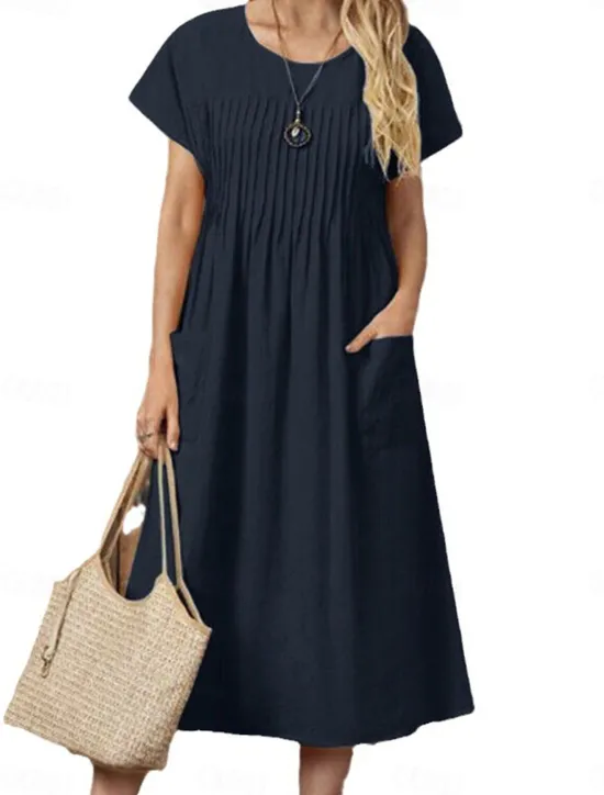 Sale Women's Red Navy Blue Green Summer Spring Midi Dress Linen-Inspired Dresses Casual Dress Cotton Linen Dress Vacation Basic Modern Daily Weekend Loose Fit Plain Crew Neck Women Dresses
