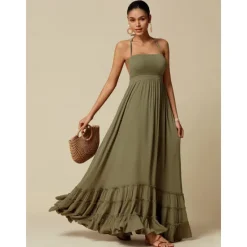 Outlet Women's Resort Maxi Dress Smocked Waist Blue Elegant Halter Neck Cami Maxi Dress Beach Cover Up Women Casual Dress