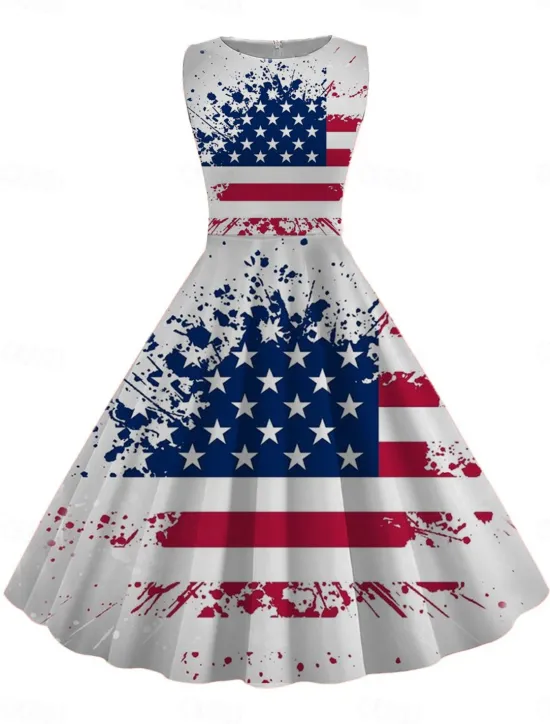 Discount Women's Retro 1950s Vintage Tea Dresses Midi Dress Daily Date Ruched Print American Flag Crew Neck Sleeveless Slim Summer Spring 2023 Black White S M L XL Women Casual Dress