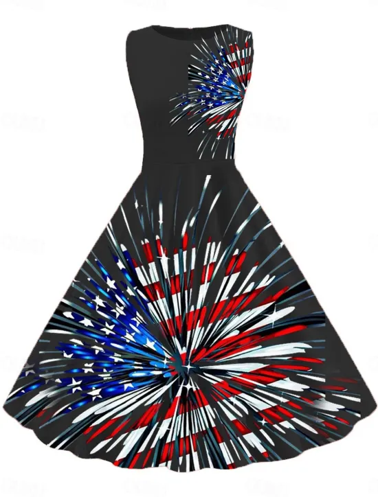 Discount Women's Retro 1950s Vintage Tea Dresses Midi Dress Daily Date Ruched Print American Flag Crew Neck Sleeveless Slim Summer Spring 2023 Black White S M L XL Women Casual Dress