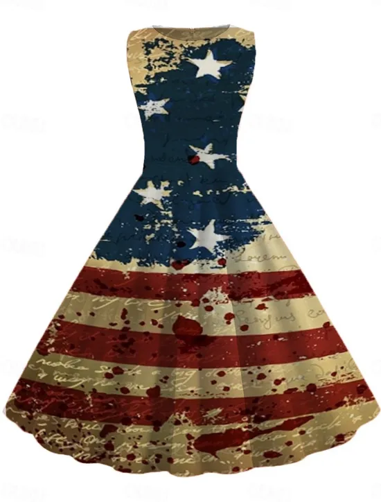 Discount Women's Retro 1950s Vintage Tea Dresses Midi Dress Daily Date Ruched Print American Flag Crew Neck Sleeveless Slim Summer Spring 2023 Black White S M L XL Women Casual Dress