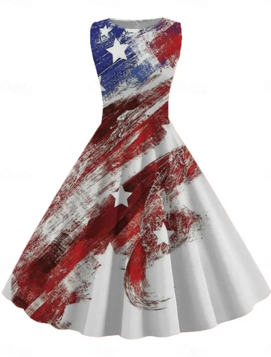 Discount Women's Retro 1950s Vintage Tea Dresses Midi Dress Daily Date Ruched Print American Flag Crew Neck Sleeveless Slim Summer Spring 2023 Black White S M L XL Women Casual Dress