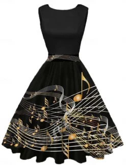 Online Women's Retro 1950s Vintage Tea Dresses Midi Dress Daily Date Ruched Print Note Crew Neck Sleeveless Slim Summer Spring 2023 Blue S M L XL Women Cocktail Dress