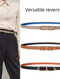 Online Women's Reversible Belt PU Leather Metal Bucke Eyelet Casual Formal Party Work Black Brown Gray Women Belt