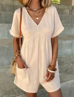 Online Women's Romper Active Solid Color Short Sleeve V Neck Pocket Vacation Daily Regular Fit Black Green Apricot Summer Women Graphic Jumpsuit
