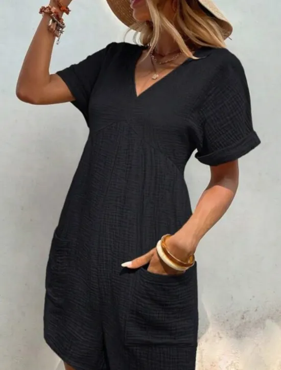 Online Women's Romper Active Solid Color Short Sleeve V Neck Pocket Vacation Daily Regular Fit Black Green Apricot Summer Women Graphic Jumpsuit