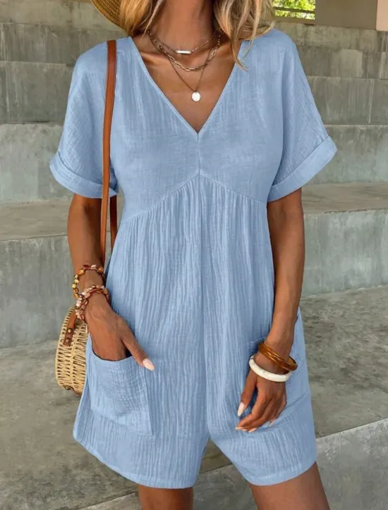 Online Women's Romper Active Solid Color Short Sleeve V Neck Pocket Vacation Daily Regular Fit Black Green Apricot Summer Women Graphic Jumpsuit