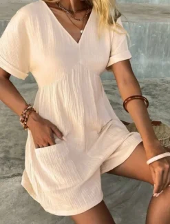 Online Women's Romper Active Solid Color Short Sleeve V Neck Pocket Vacation Daily Regular Fit Black Green Apricot Summer Women Graphic Jumpsuit