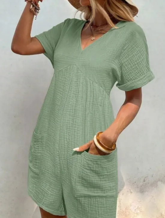 Online Women's Romper Active Solid Color Short Sleeve V Neck Pocket Vacation Daily Regular Fit Black Green Apricot Summer Women Graphic Jumpsuit