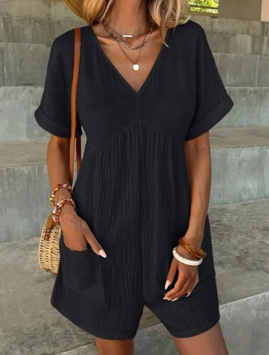 Online Women's Romper Active Solid Color Short Sleeve V Neck Pocket Vacation Daily Regular Fit Black Green Apricot Summer Women Graphic Jumpsuit