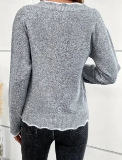 Hot Women's Scalloped Contrast Neckline Sweater Knitted Fall Winter Work Elegant Fashion Daily Long Sleeve Solid Color Khaki Women Pullovers & Tops