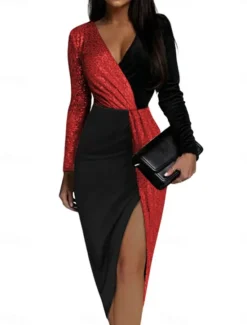 Sale Women's Sequin Dress Midi Dress Sequins Patchwork Casual V Neck Long Sleeve Champagne Red Color Women Cocktail Dress