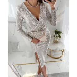 Sale Women's Sequin Dress Midi Dress Sequins Split Casual V Neck Long Sleeve Silver Black Wine Color Women Cocktail Dress