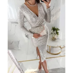 Sale Women's Sequin Dress Midi Dress Sequins Split Casual V Neck Long Sleeve Silver Black Wine Color Women Cocktail Dress