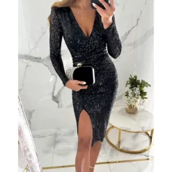 Sale Women's Sequin Dress Midi Dress Sequins Split Casual V Neck Long Sleeve Silver Black Wine Color Women Cocktail Dress
