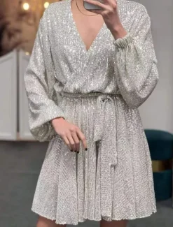 New Women's Sequin Dress Mini Dress Champagne Long Sleeve Pure Color Sequins Winter Fall V Neck Vintage Fashion Elegant Puff Sleeve Mesh XL Women Cocktail Dress