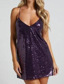 Outlet Women's Sequin Dress Party Dress Cocktail Dress Sequins Backless Spaghetti Strap Sleeveless Mini Dress Birthday Cocktail Party Silver Yellow Summer Spring Women Cocktail Dress