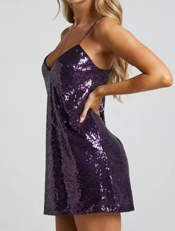 Outlet Women's Sequin Dress Party Dress Cocktail Dress Sequins Backless Spaghetti Strap Sleeveless Mini Dress Birthday Cocktail Party Silver Yellow Summer Spring Women Cocktail Dress