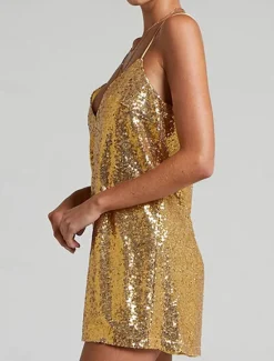 Outlet Women's Sequin Dress Party Dress Cocktail Dress Sequins Backless Spaghetti Strap Sleeveless Mini Dress Birthday Cocktail Party Silver Yellow Summer Spring Women Cocktail Dress