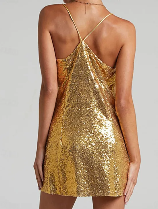 Outlet Women's Sequin Dress Party Dress Cocktail Dress Sequins Backless Spaghetti Strap Sleeveless Mini Dress Birthday Cocktail Party Silver Yellow Summer Spring Women Cocktail Dress