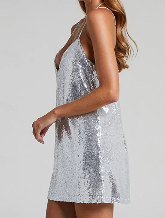 Outlet Women's Sequin Dress Party Dress Cocktail Dress Sequins Backless Spaghetti Strap Sleeveless Mini Dress Birthday Cocktail Party Silver Yellow Summer Spring Women Cocktail Dress
