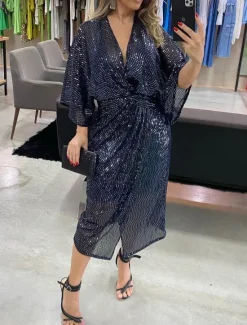 Sale Women's Sequin Dress Party Dress Cocktail Dress Sequins Glitter V Neck 3/4 Length Sleeve Midi Dress Winter Dress Wedding Guest Spring Fall Women Cocktail Dress