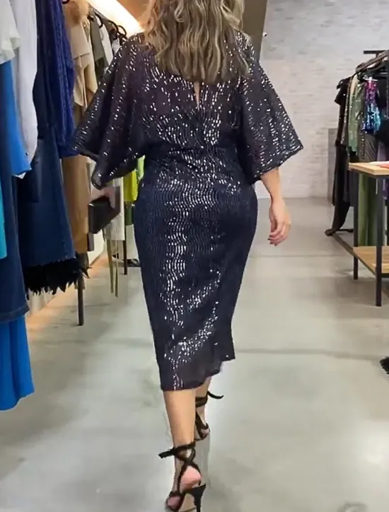 Sale Women's Sequin Dress Party Dress Cocktail Dress Sequins Glitter V Neck 3/4 Length Sleeve Midi Dress Winter Dress Wedding Guest Spring Fall Women Cocktail Dress