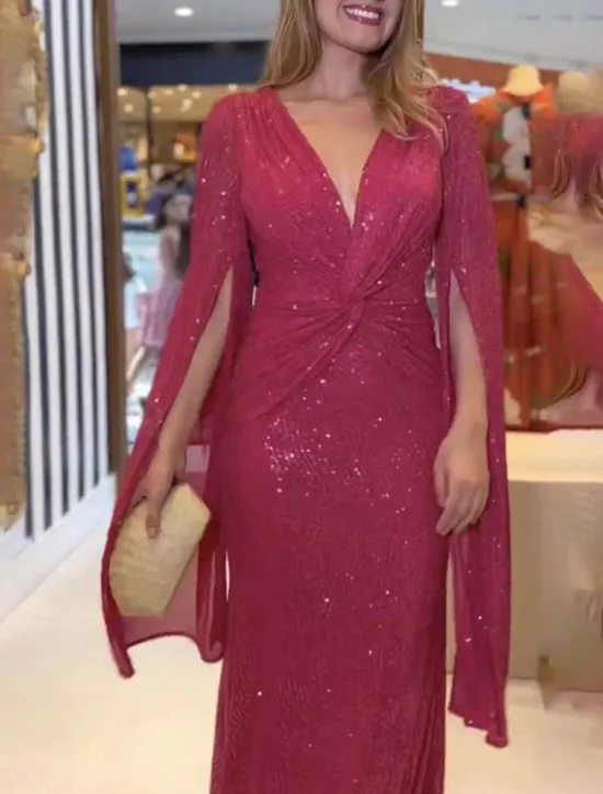 Outlet Women's Sequin Dress Prom Dress Party Dress Sequins Glitter V Neck Long Sleeve Winter Dress Champagne Red Fall Winter Women Cocktail Dress