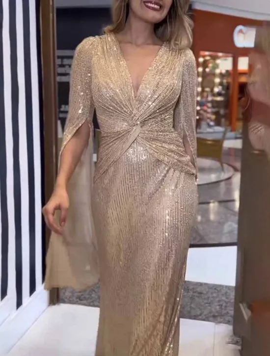 Outlet Women's Sequin Dress Prom Dress Party Dress Sequins Glitter V Neck Long Sleeve Winter Dress Champagne Red Fall Winter Women Cocktail Dress