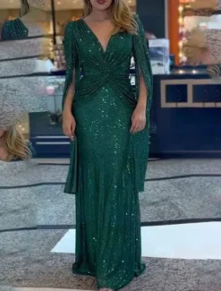 Outlet Women's Sequin Dress Prom Dress Party Dress Sequins Glitter V Neck Long Sleeve Winter Dress Champagne Red Fall Winter Women Cocktail Dress