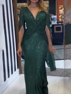 Outlet Women's Sequin Dress Prom Dress Party Dress Sequins Glitter V Neck Long Sleeve Winter Dress Champagne Red Fall Winter Women Cocktail Dress