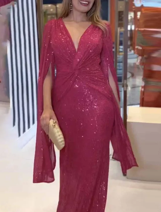 Outlet Women's Sequin Dress Prom Dress Party Dress Sequins Glitter V Neck Long Sleeve Winter Dress Champagne Red Fall Winter Women Cocktail Dress