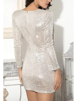 Women's Sequined Mini Dress Long Sleeve V-Neck Draped Silver Glamorous Cocktail Party Evening Wear Fall Winter Women Cocktail Dress
