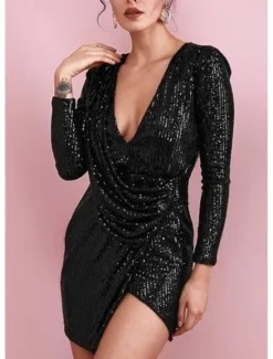 Women's Sequined Mini Dress Long Sleeve V-Neck Draped Silver Glamorous Cocktail Party Evening Wear Fall Winter Women Cocktail Dress