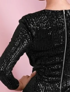 Women's Sequined Mini Dress Long Sleeve V-Neck Draped Silver Glamorous Cocktail Party Evening Wear Fall Winter Women Cocktail Dress